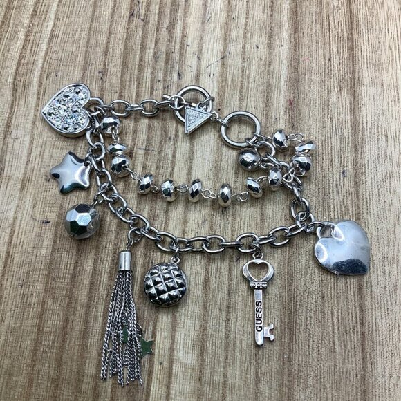 Guess Multi Strands Silver Tone Charms Toggle Bracelet - Picture 1 of 4